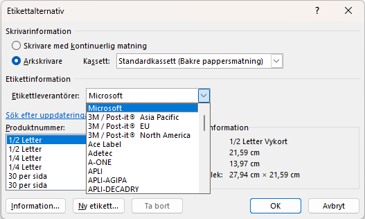Etikettalternativ i Word med val av etikettleverantör